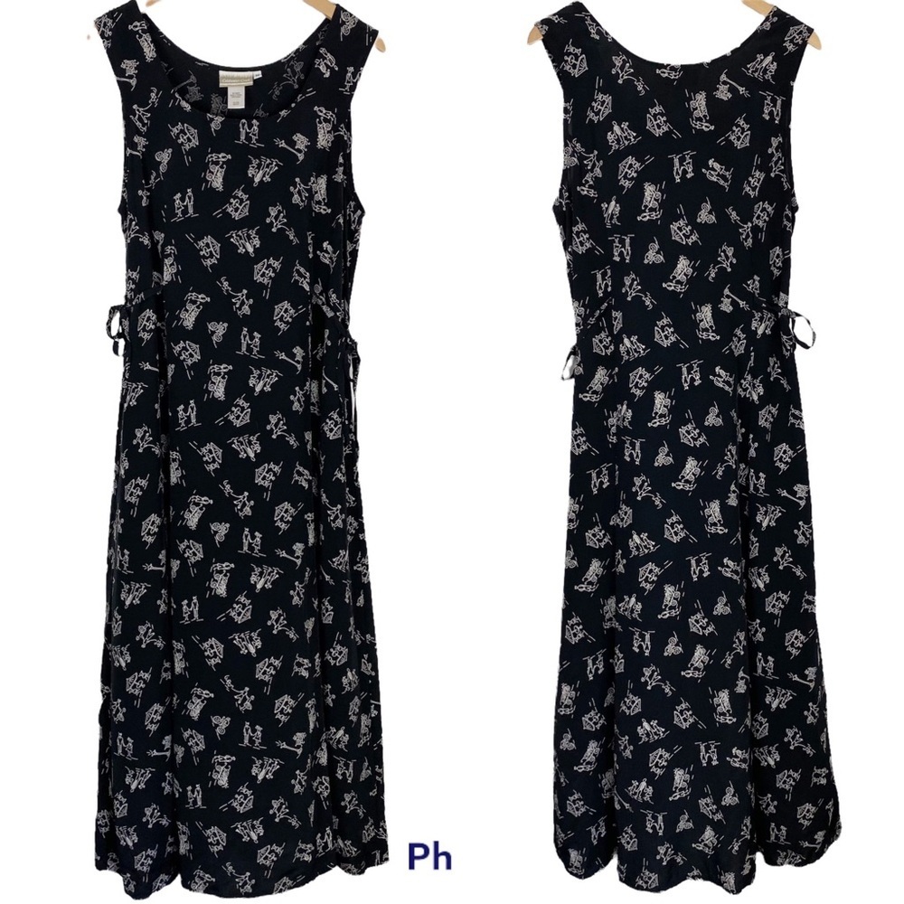 COLDWATER CREEK Novelty People Print Sleeveless Black Maxi Dress Medium Rayon - Picture 2 of 11